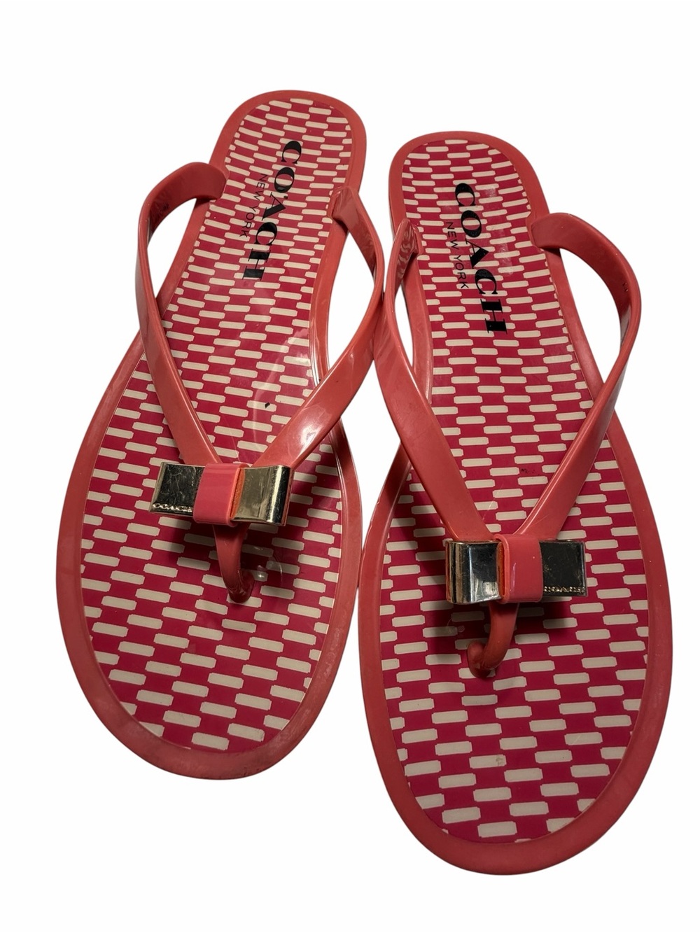 COACH Landon Jelly Flip Flops Coral with Gold Color Accent Bow Sz 8.5